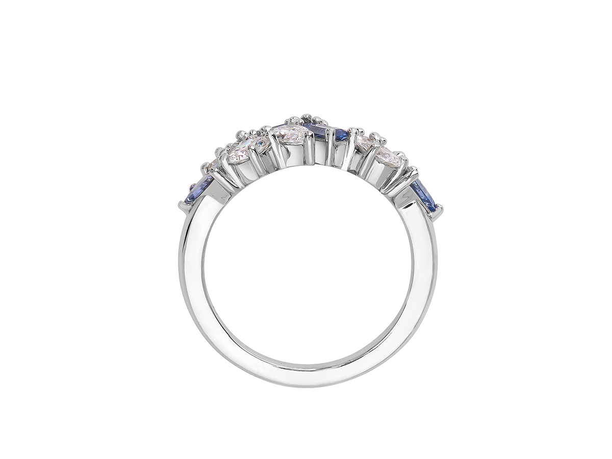 A.G Designer Jeweller blue sapphire and diamond signature cluster band featuring marquise cut, round brilliant cut and pear cut diamonds handcrafted in platinum.