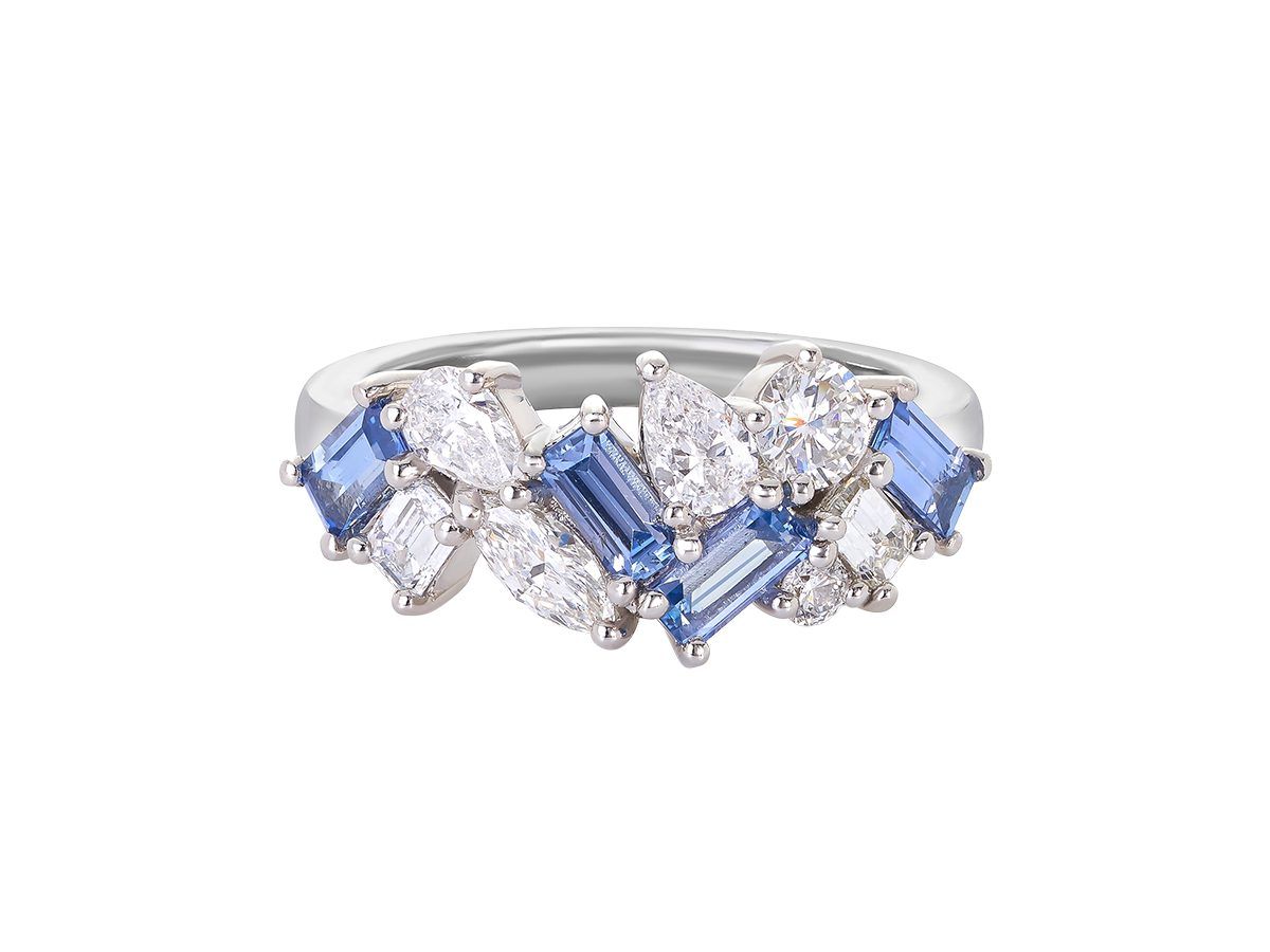 A.G Designer Jeweller blue sapphire and diamond signature cluster band featuring marquise cut, round brilliant cut and pear cut diamonds handcrafted in platinum.