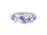 A.G Designer Jeweller blue sapphire and diamond signature cluster band featuring marquise cut, round brilliant cut and pear cut diamonds handcrafted in platinum.