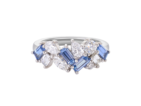A.G Designer Jeweller blue sapphire and diamond signature cluster band featuring marquise cut, round brilliant cut and pear cut diamonds handcrafted in platinum.