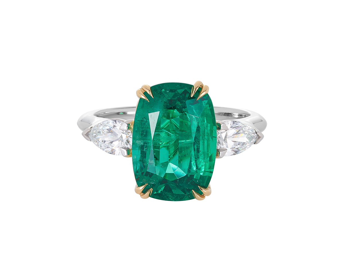 A.G Cushion Cut Emerald with Pear Cut Diamonds ring