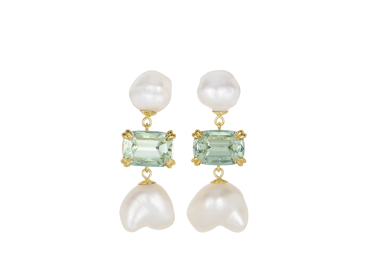 Keshi Pearl and Mint Green Tourmaline Earrings