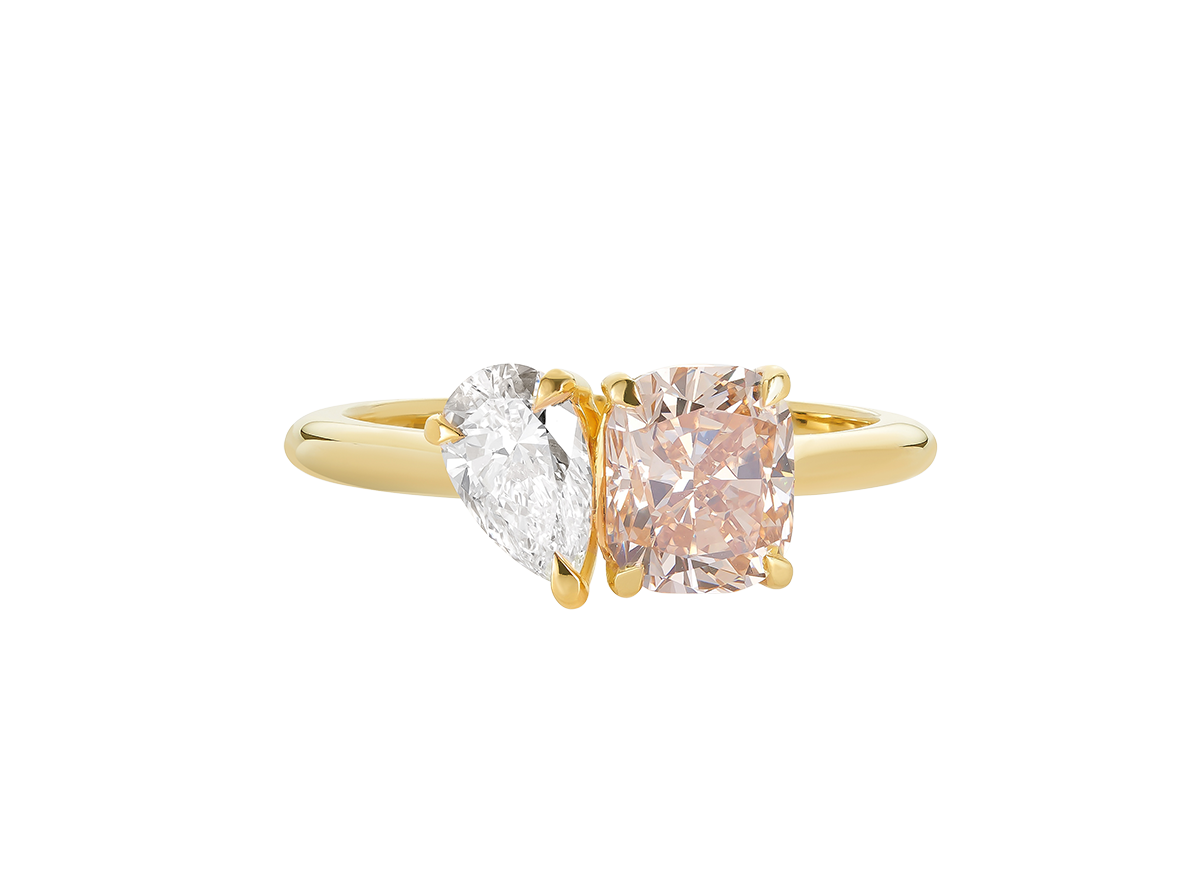 A.G 1.56ct cushion cut champagne diamond and 0.52ct pear cut diamond ring