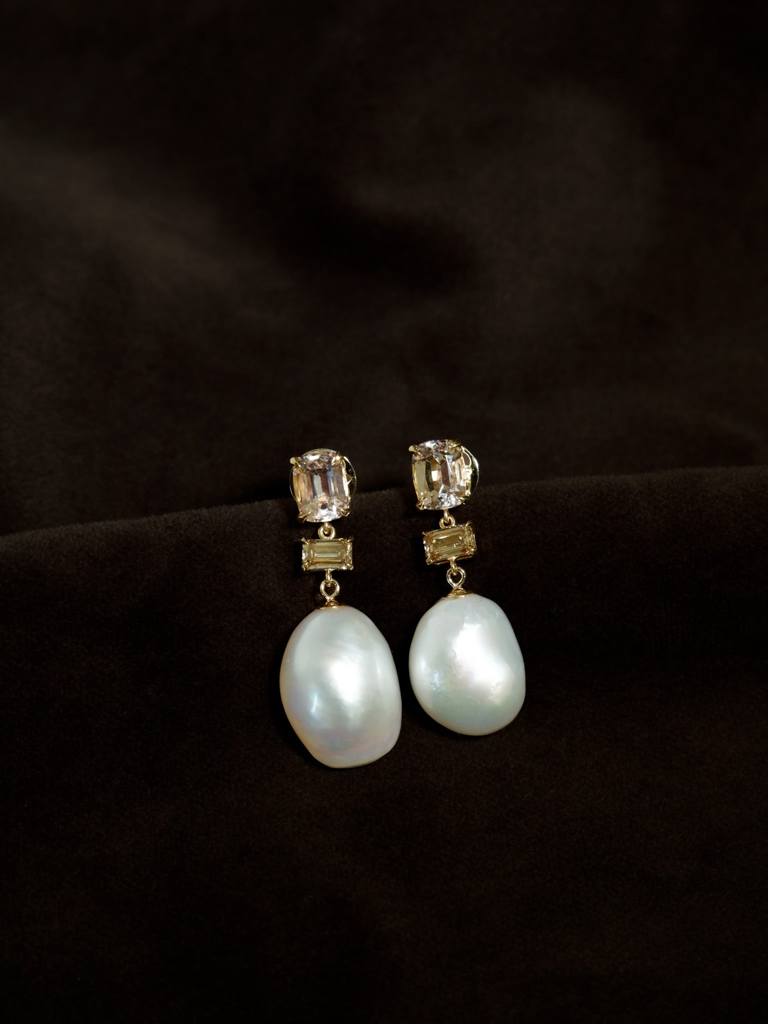 A.G Designer Jeweller custom designed trio drop earrings featuring morganite, cognac diamond, and Keshi pearls in yellow gold.