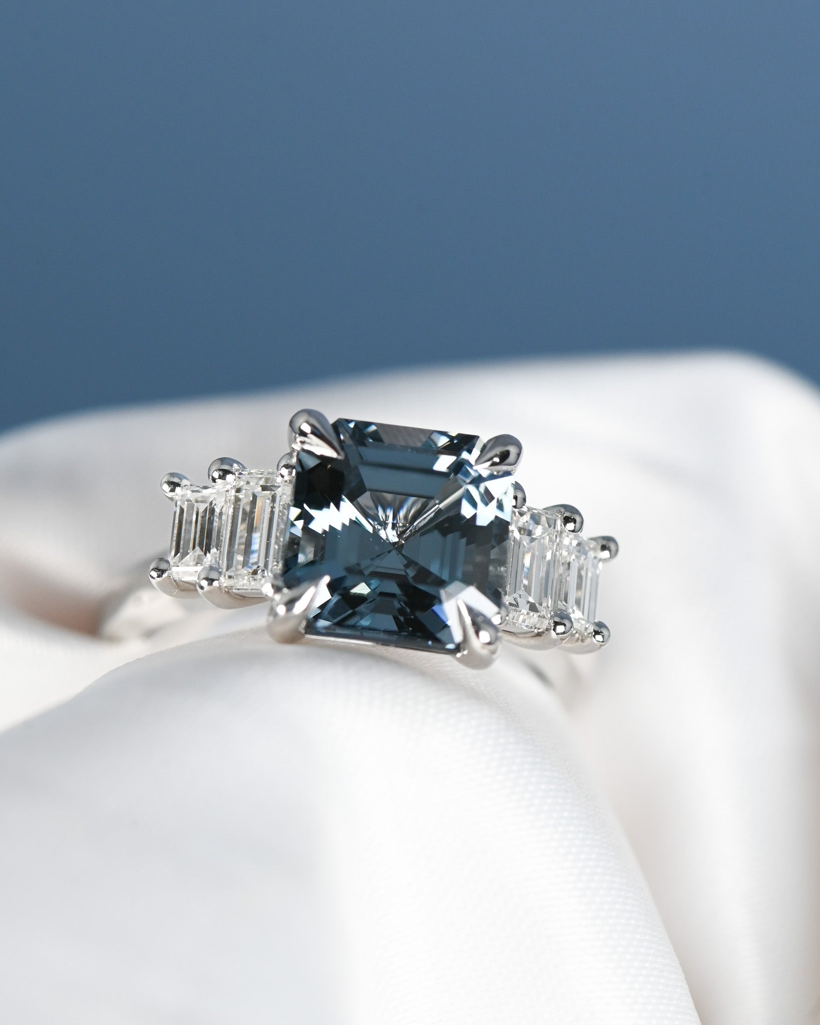 A close up view of the Grey Spinel Diamond Ring
