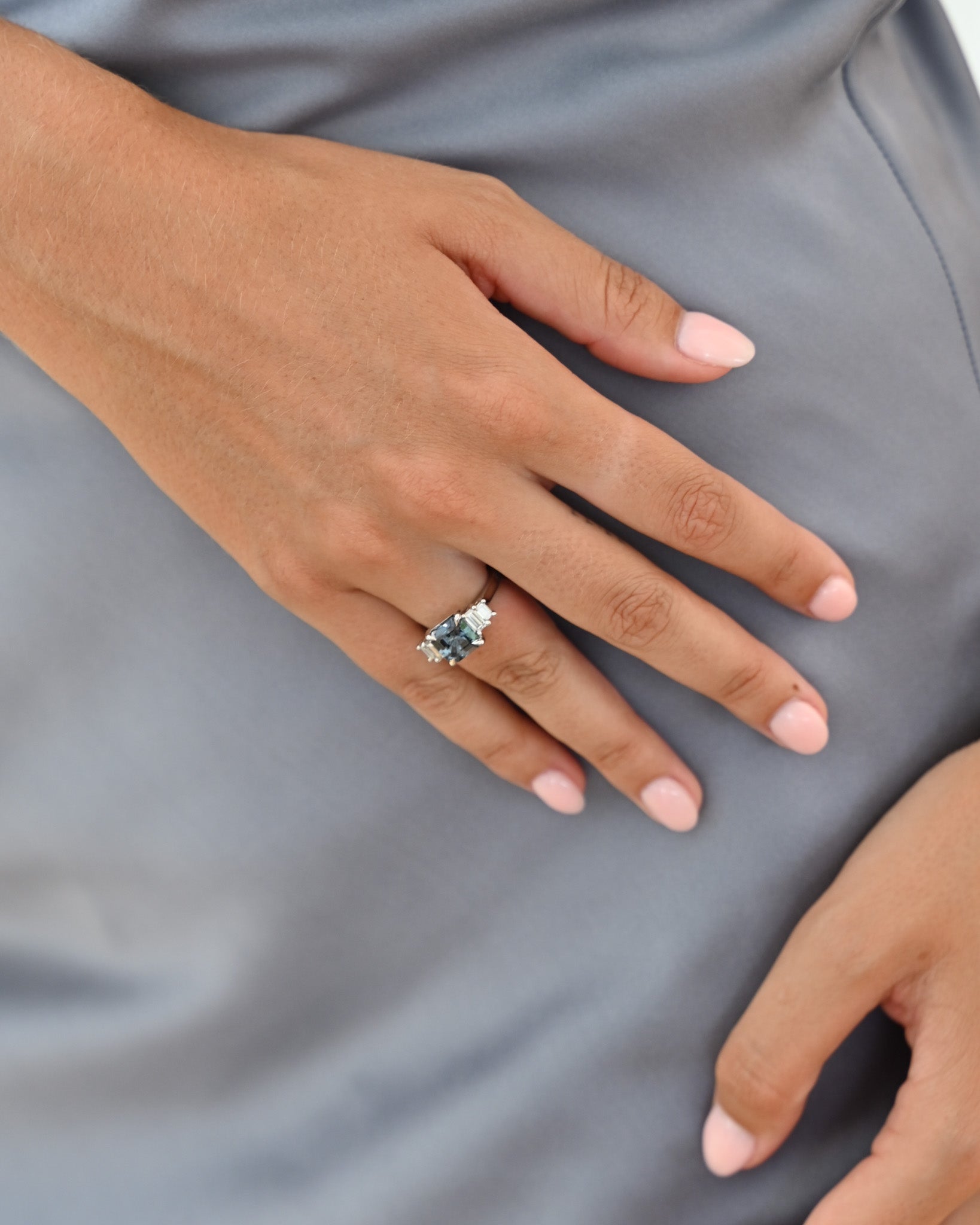 A close up view of the Grey Spinel Diamond Ring