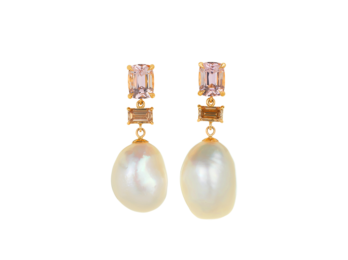 A.G Designer Jeweller custom designed trio drop earrings featuring morganite, cognac diamond, and Keshi pearls in yellow gold.