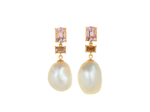 A.G Designer Jeweller custom designed trio drop earrings featuring morganite, cognac diamond, and Keshi pearls in yellow gold.