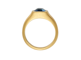Front view of A.G Designer Jeweller custom designed men's signet ring with royal blue sapphire in yellow gold.