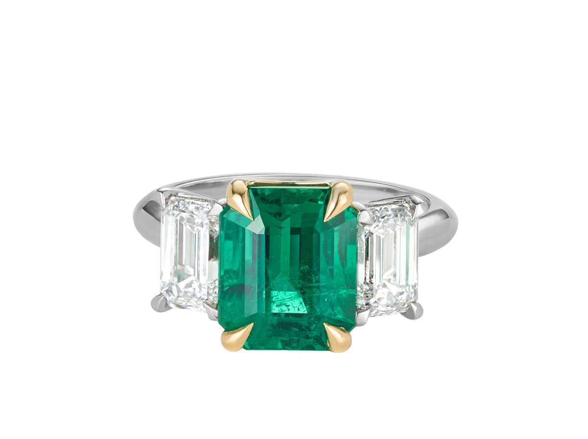 A.G 4.01ct emerald cut Zambian emerald and diamond trilogy ring