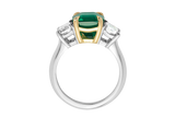 Front view of A.G 4.01ct emerald cut Zambian emerald and diamond trilogy ring