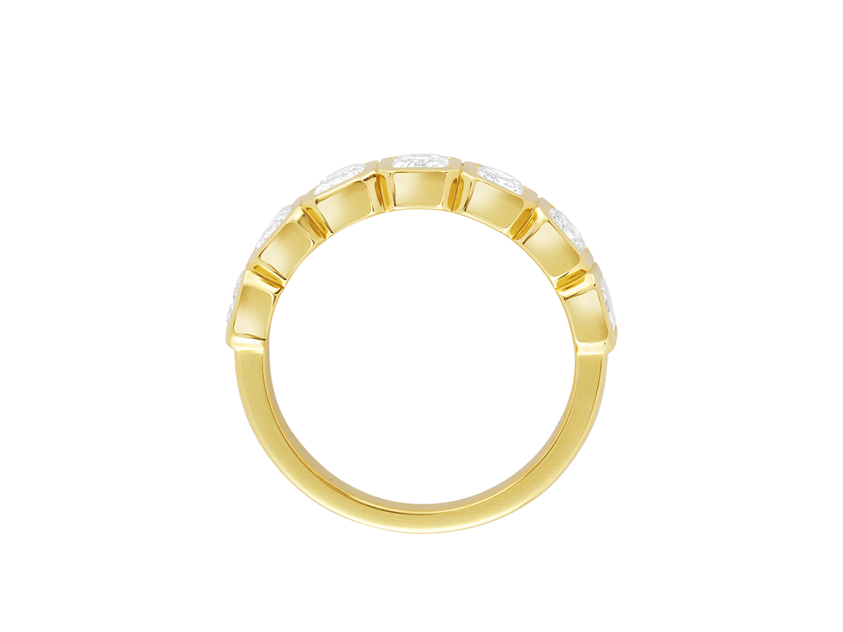 A.G Designer Jeweller custom made emerald cut diamond bezel set eternity band in yellow gold.