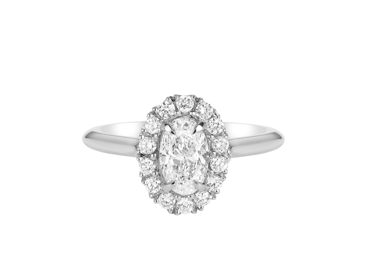 A.G oval cut diamond halo setting with half round band.