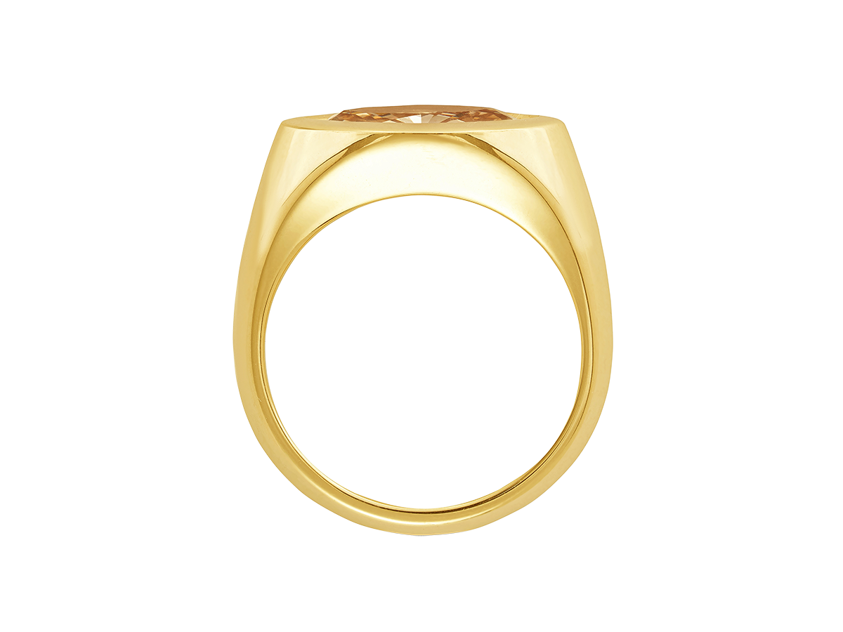A.G Designer Jeweller custom designed signet ring featuring a 1.56ct marquise cut champagne diamond in yellow gold.