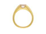 Front view of A.G custom signet ring with emerald cut champagne diamond in yellow gold.