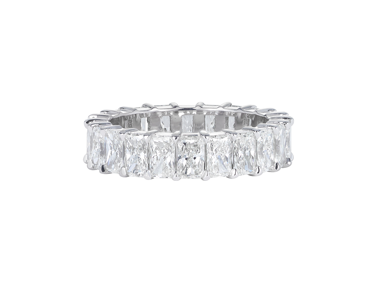 A.G Designer Jeweller signature share claw style radiant cut diamond eternity band.