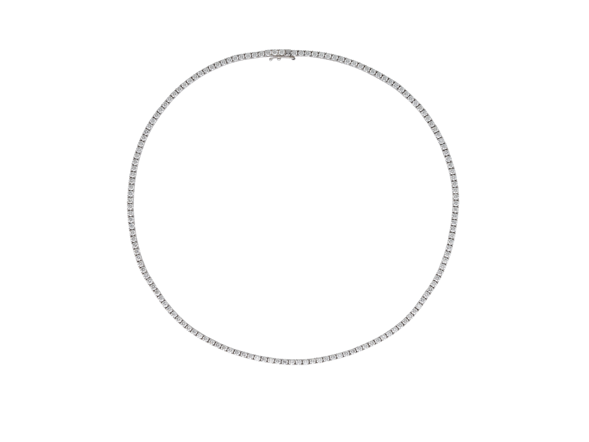 A.G Designer Jeweller classic four claw set diamond tennis necklace with round cut diamonds in white gold.
