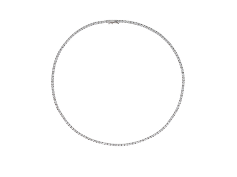A.G Designer Jeweller classic four claw set diamond tennis necklace with round cut diamonds in white gold.
