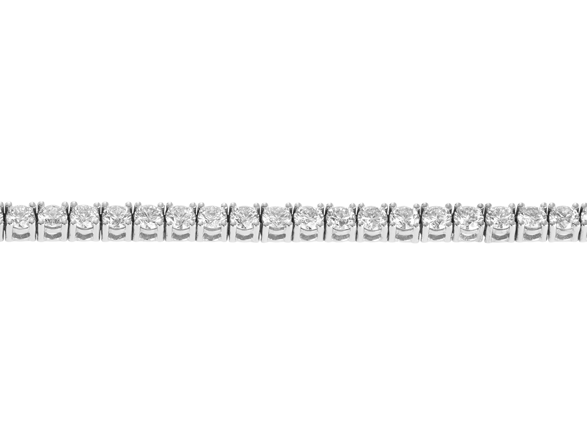 A.G Designer Jeweller classic four claw set diamond tennis necklace with round cut diamonds in white gold.