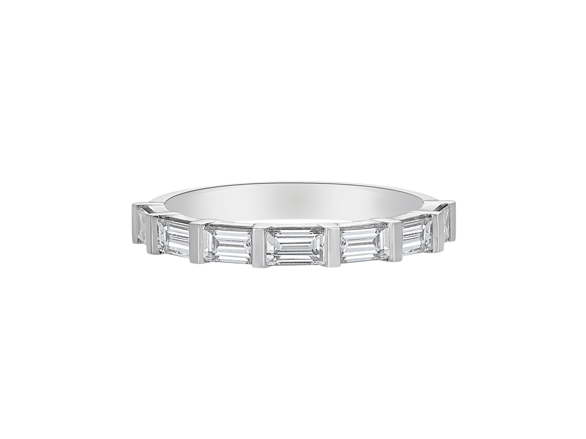 A.G signature tab claw baguette diamond women's wedding band.