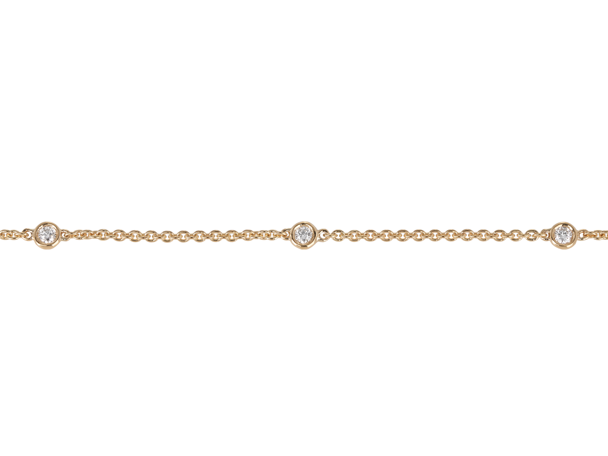 A.G Designer Jeweller signature diamond chain bracelet featuring round brilliant cut diamonds set in 18ct yellow gold fine chain.