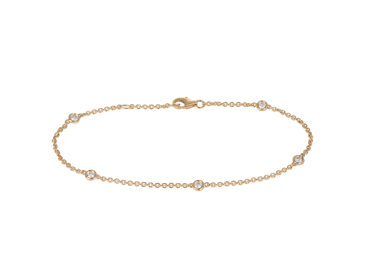 A.G Designer Jeweller signature diamond chain bracelet featuring round brilliant cut diamonds set in 18ct yellow gold fine chain.