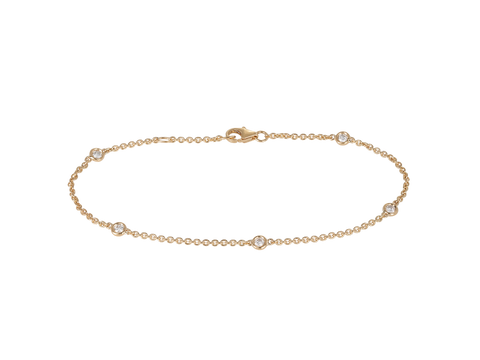 A.G Designer Jeweller signature diamond chain bracelet featuring round brilliant cut diamonds set in 18ct yellow gold fine chain.