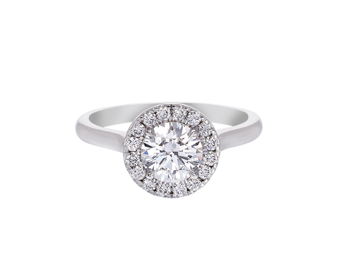 A.G round brilliant cut diamond halo setting with half round band.