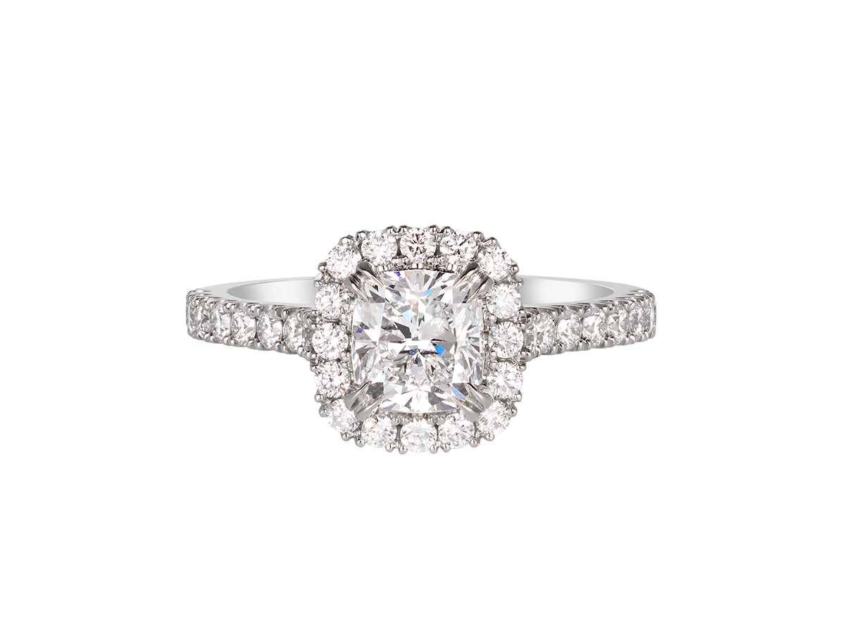 A.G cushion cu diamond halo setting with split bead half diamond band.
