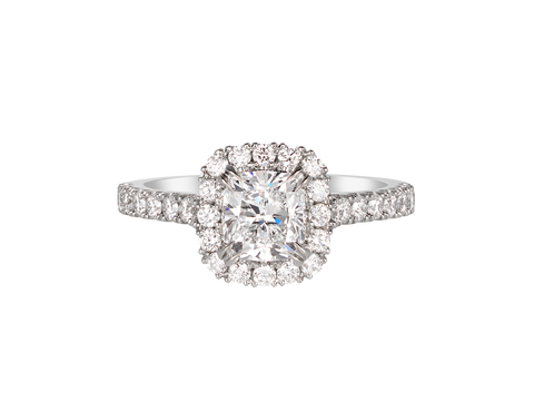 A.G cushion cu diamond halo setting with split bead half diamond band.