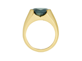 Side view of A.G custom signet ring with a Royal green sapphire.