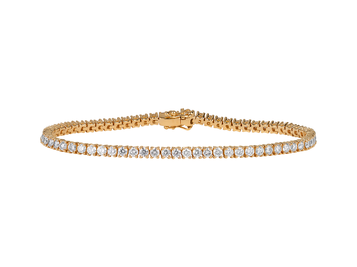The A.G Designer Jeweller signature diamond tennis bracelet with round brilliant cut diamonds in yellow gold.