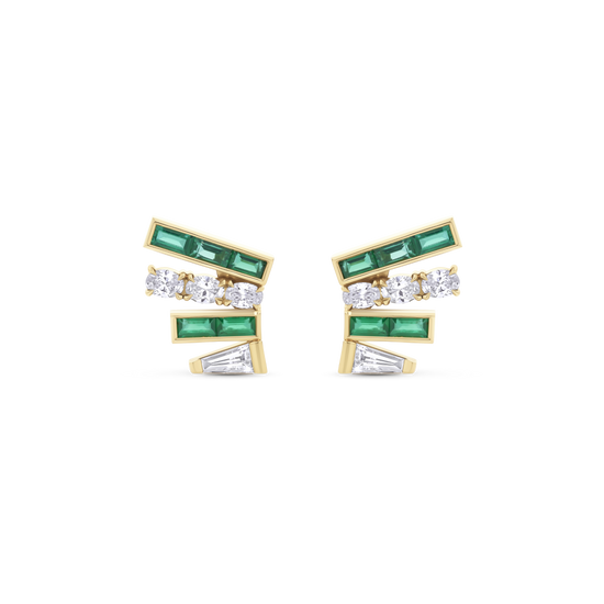 Emerald and Diamond Fan Stud Earrings in 18ct Gold