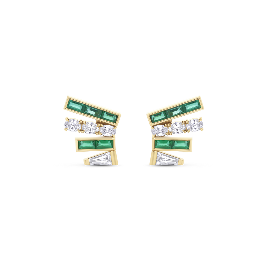 Emerald and Diamond Fan Stud Earrings in 18ct Gold