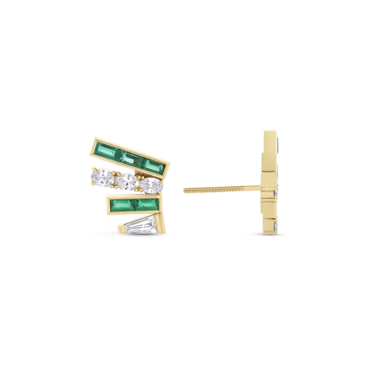 Emerald and Diamond Fan Stud Earrings in 18ct Gold