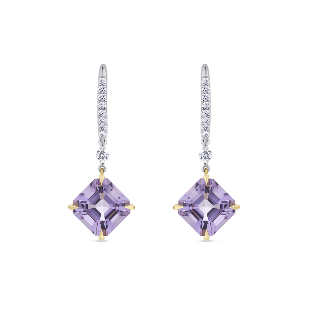 Asscher Cut Amethyst and Diamond Drop Earrings