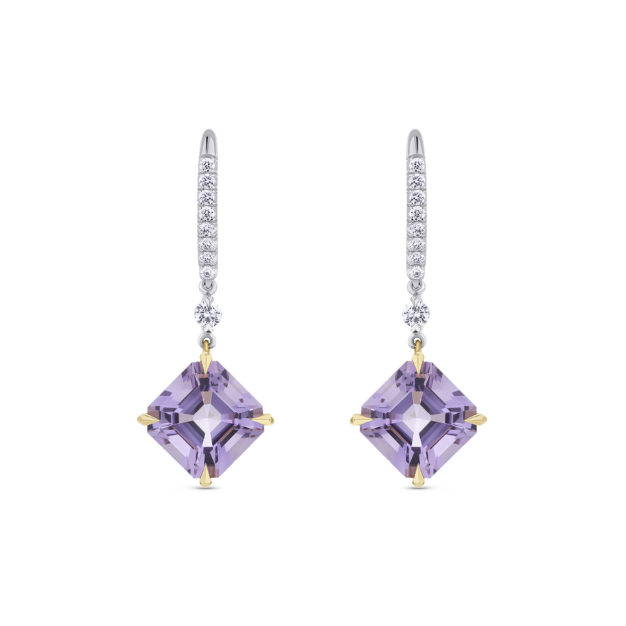 Asscher Cut Amethyst and Diamond Drop Earrings