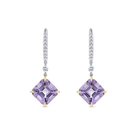 Asscher Cut Amethyst and Diamond Drop Earrings