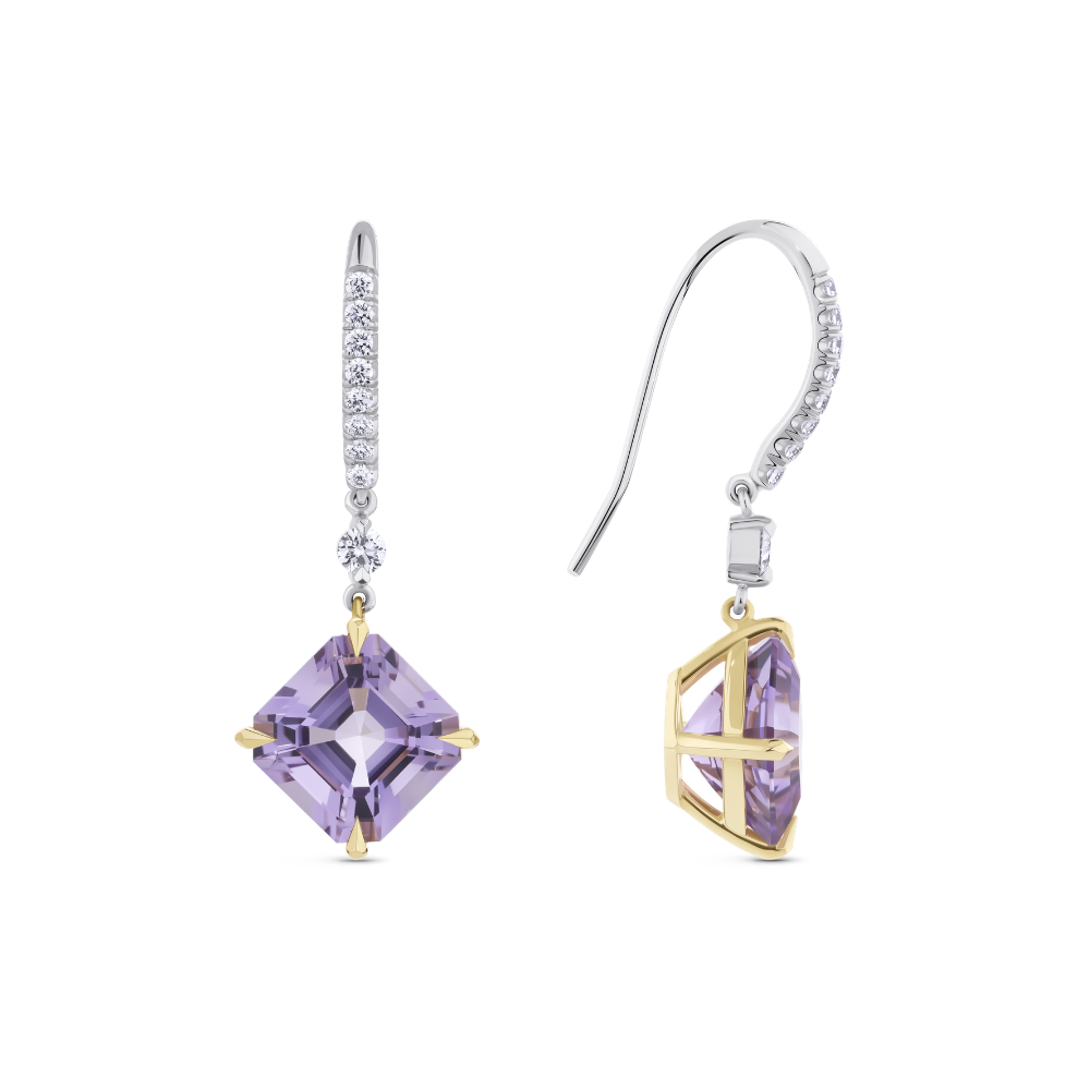 Asscher Cut Amethyst and Diamond Drop Earrings