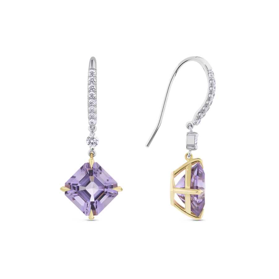 Asscher Cut Amethyst and Diamond Drop Earrings