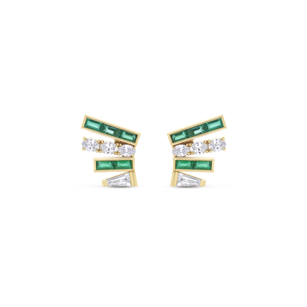 Emerald and Diamond Fan Stud Earrings in 18ct Gold
