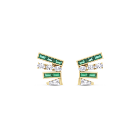 Emerald and Diamond Fan Stud Earrings in 18ct Gold