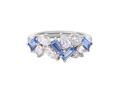 Blue Sapphire and Diamond Cluster Band