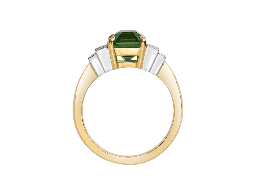 Side view of A.G tourmaline and diamond step style ring