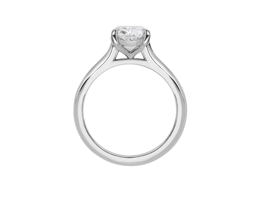 Side view of A.G cushion cut solitaire with a round profile band.