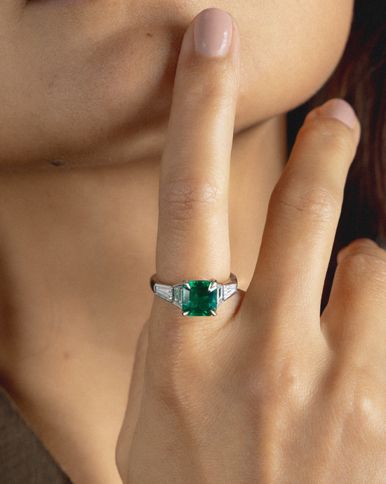 Green Asscher Cut Emerald and Diamond Ring