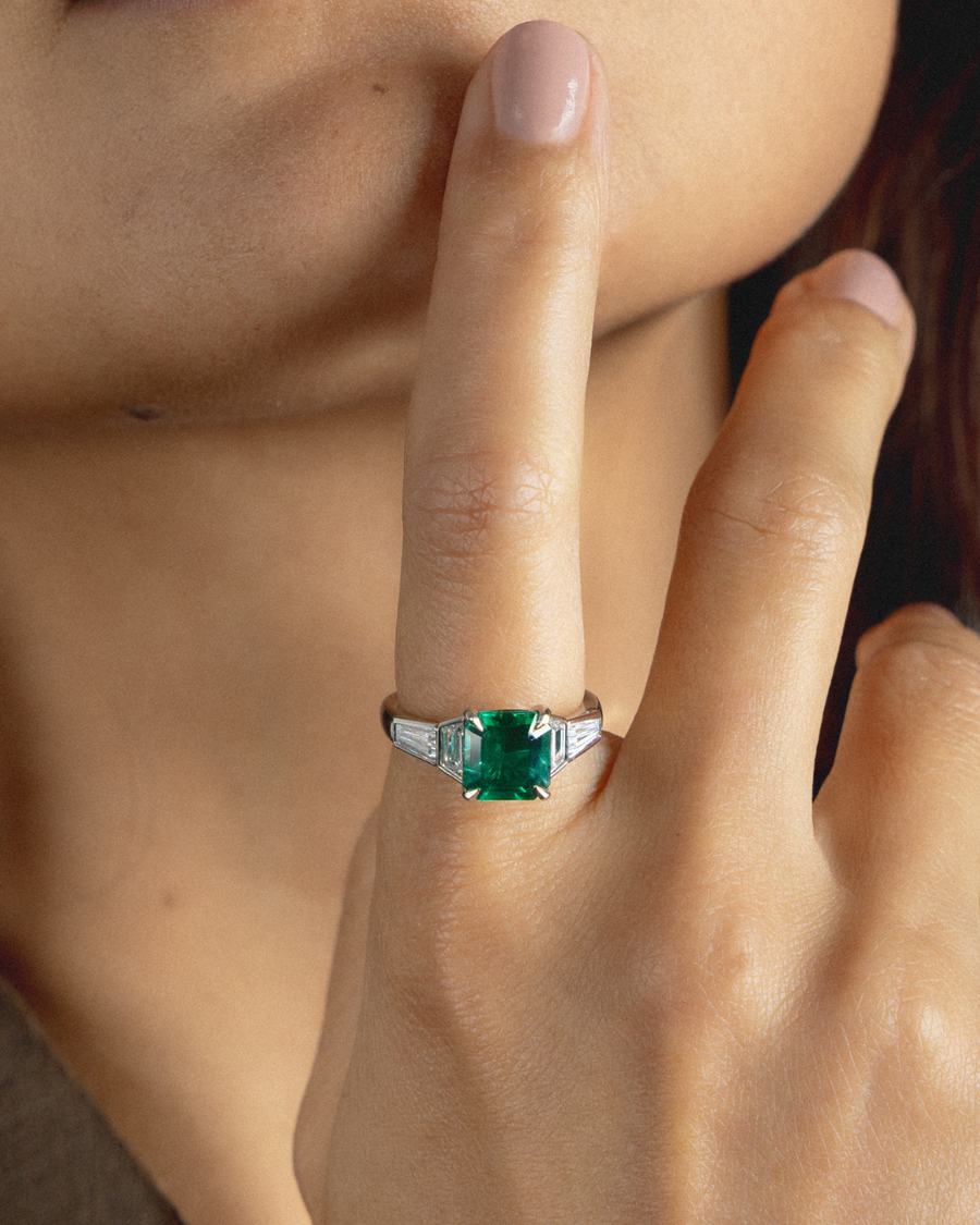 Green Asscher Cut Emerald and Diamond Ring