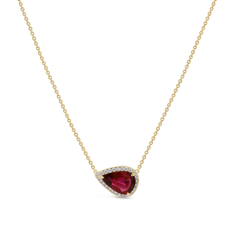 1.53ct Pear Cut Ruby and Diamond Cluster Pendant Necklace