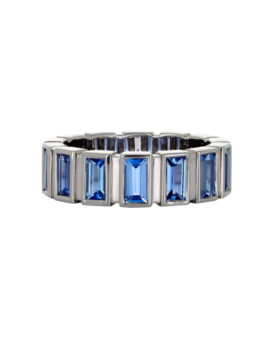 A.G Designer Jeweller custom made blue sapphire bezel set ring in white gold.