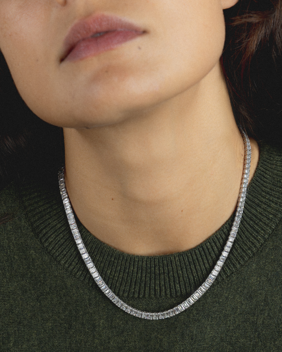 Emerald Cut Diamond Tennis Necklace in 18ct White Gold